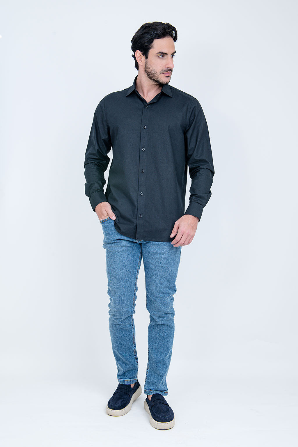 Camisa Masculina Algodão Manga Longa Preta