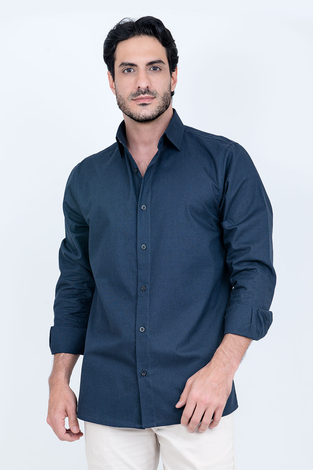 Camisa Linho Misto Manga Longa Marinho