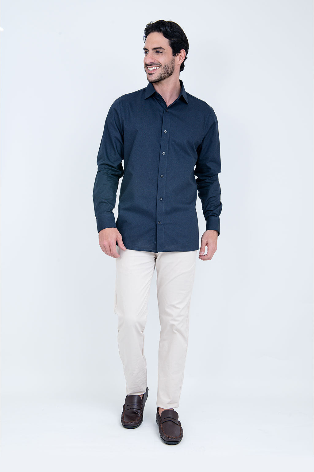 Camisa Linho Misto Manga Longa Marinho