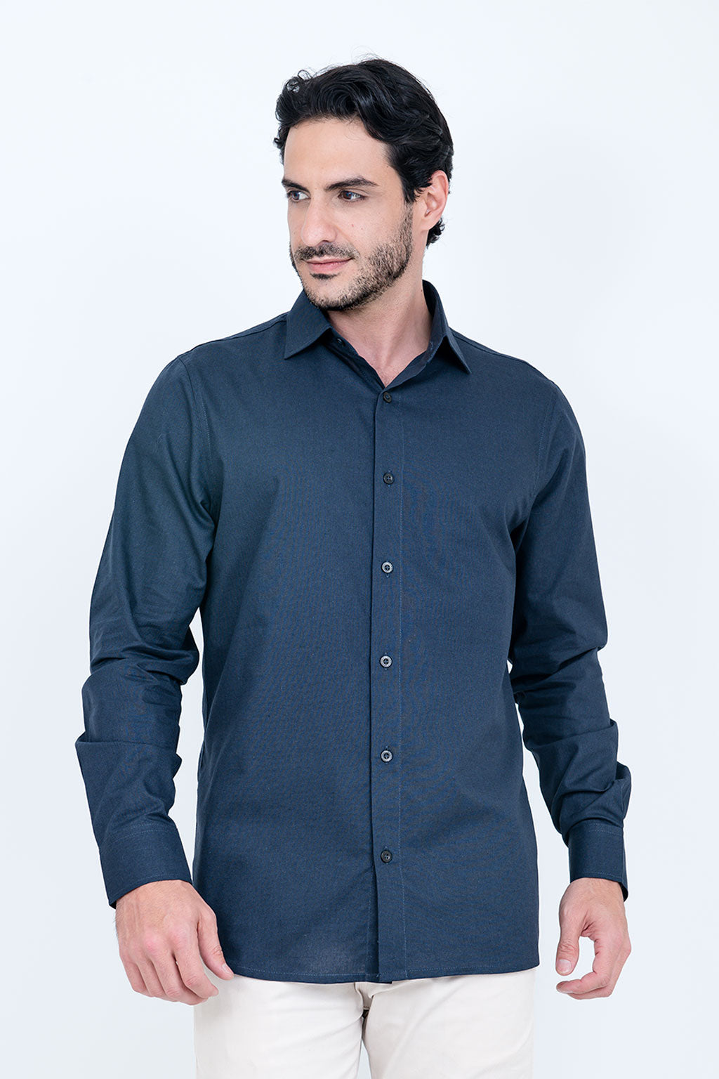 Camisa Linho Misto Manga Longa Marinho