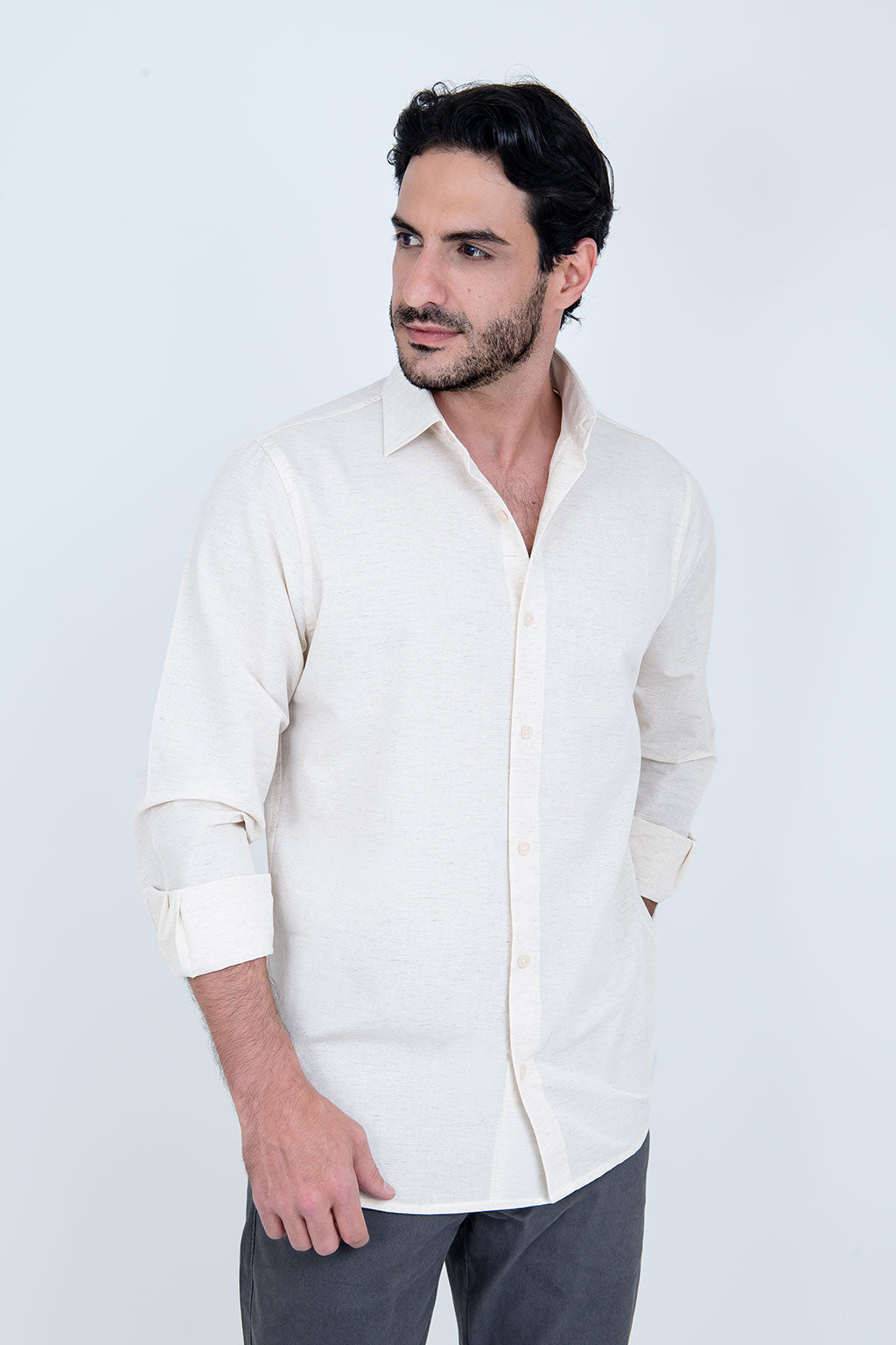 Camisa Linho Misto Manga Longa Palha