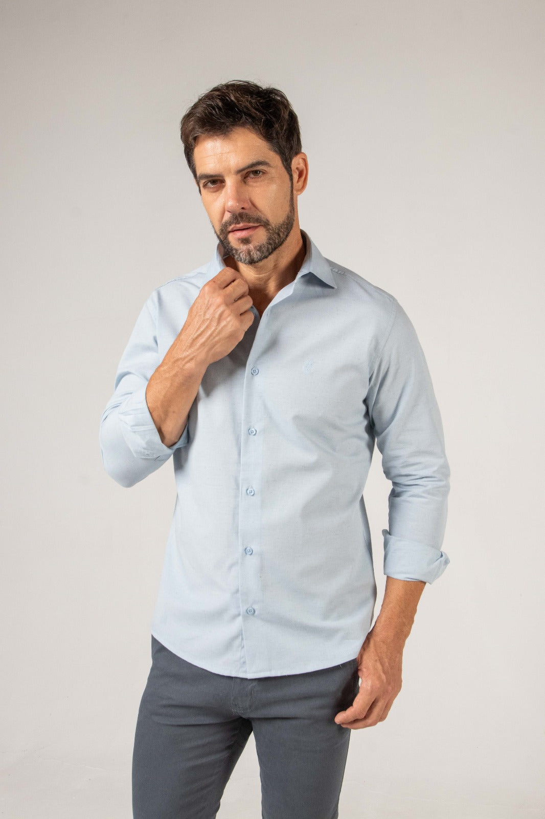 Camisa Linho Misto Manga Longa Azul