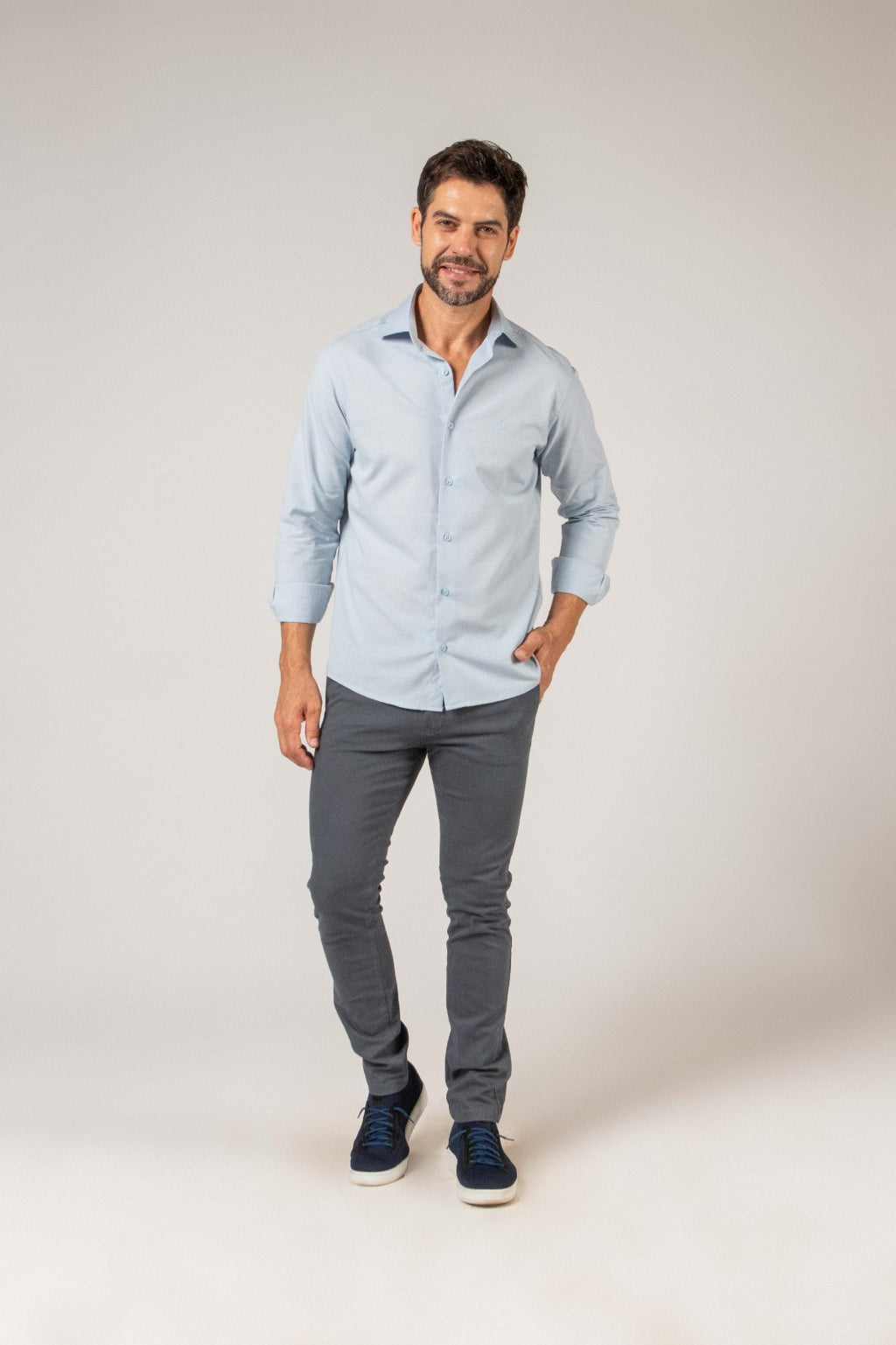 Camisa Linho Misto Manga Longa Azul