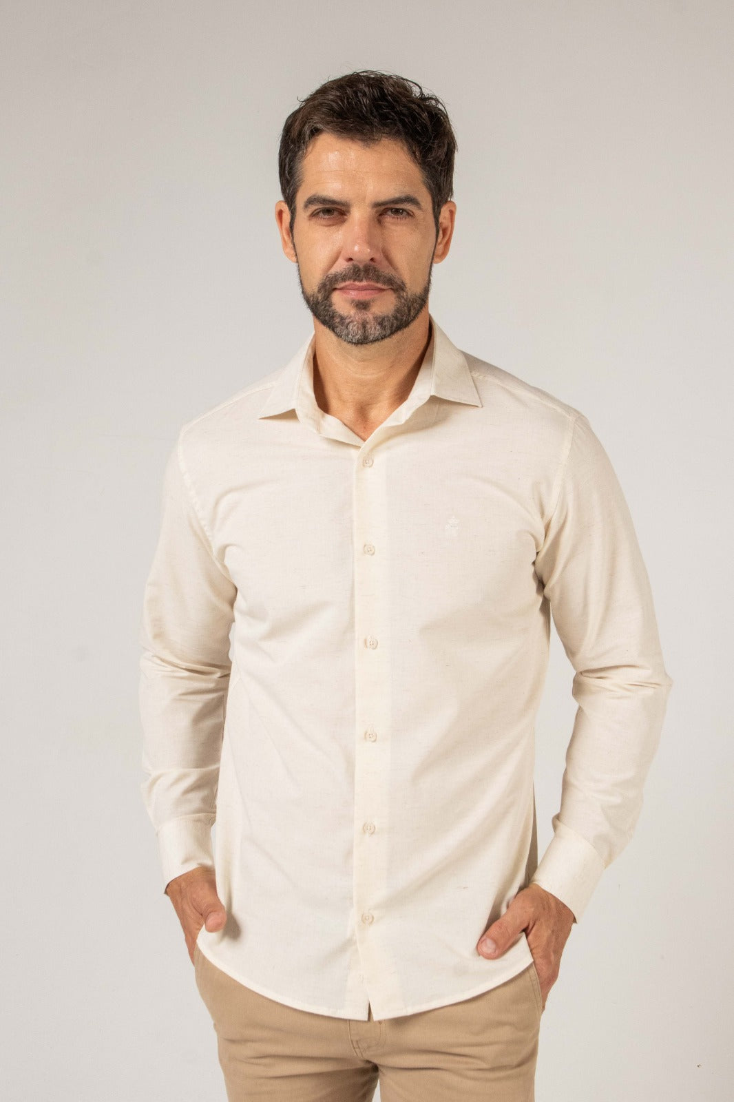 Camisa Linho Misto Manga Longa Palha