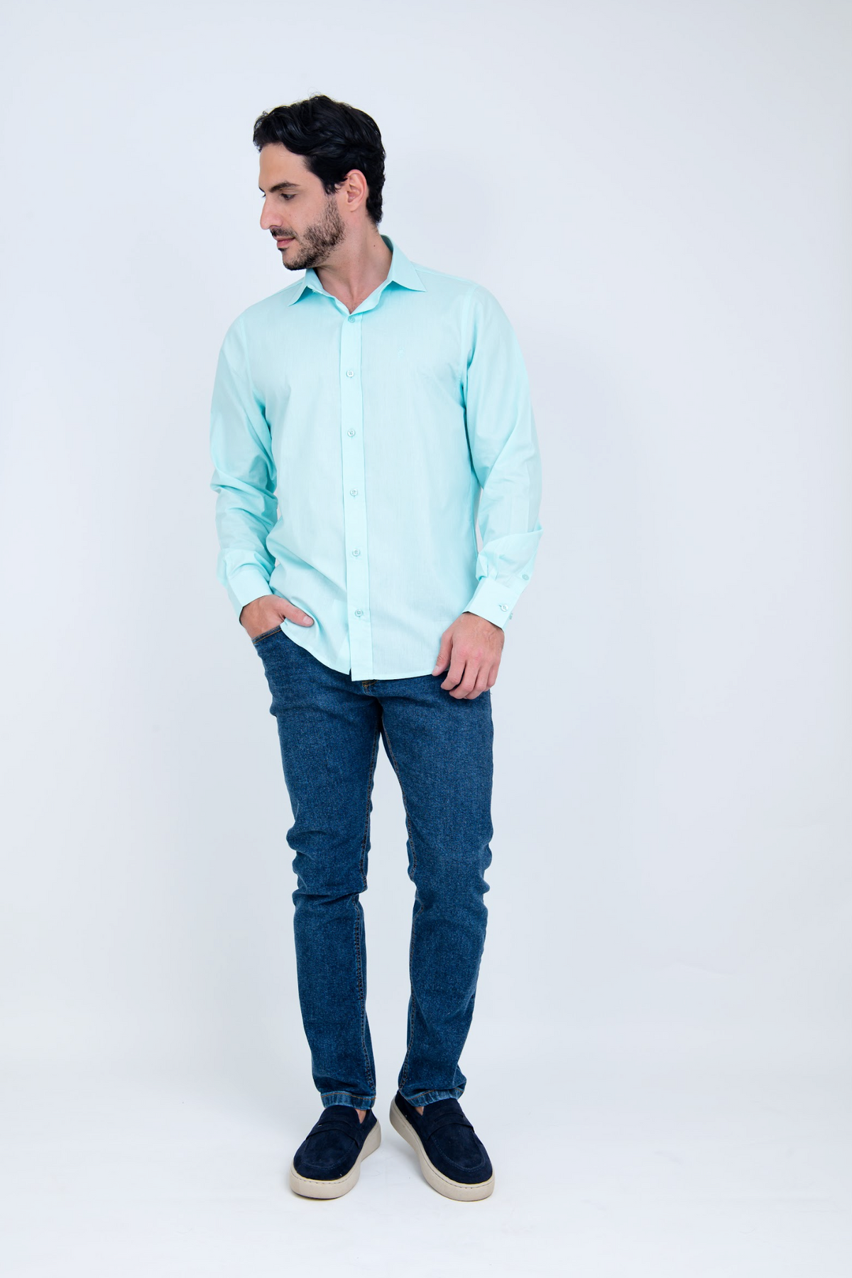 Camisa Masculina Algodão Manga Longa Verde Claro