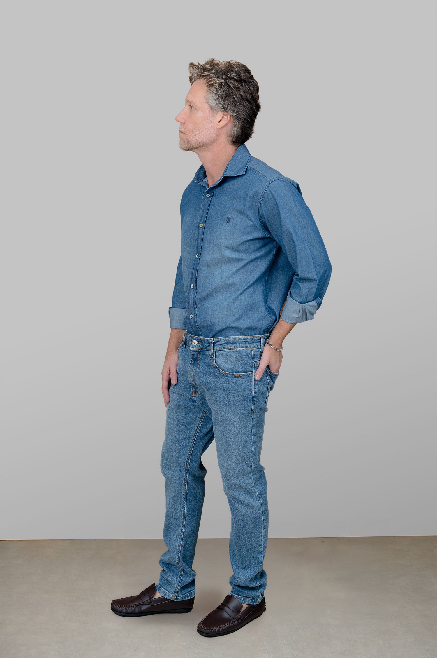 Camisa Jeans Masculina Manga Longa Stone Medio