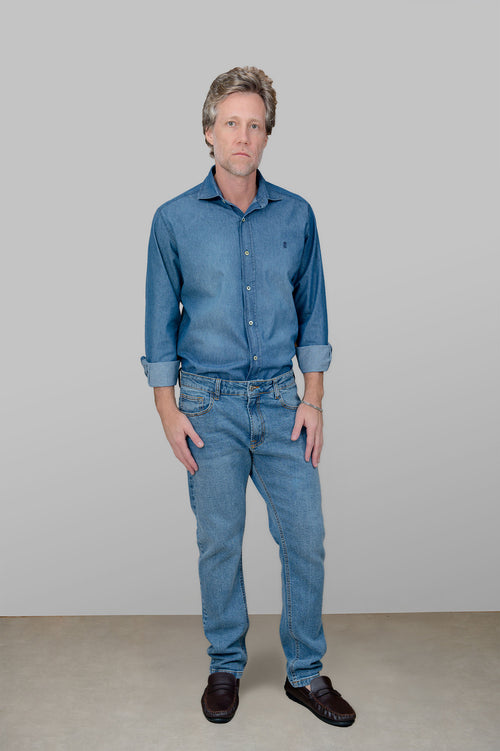Camisa Jeans Masculina Manga Longa Stone Medio