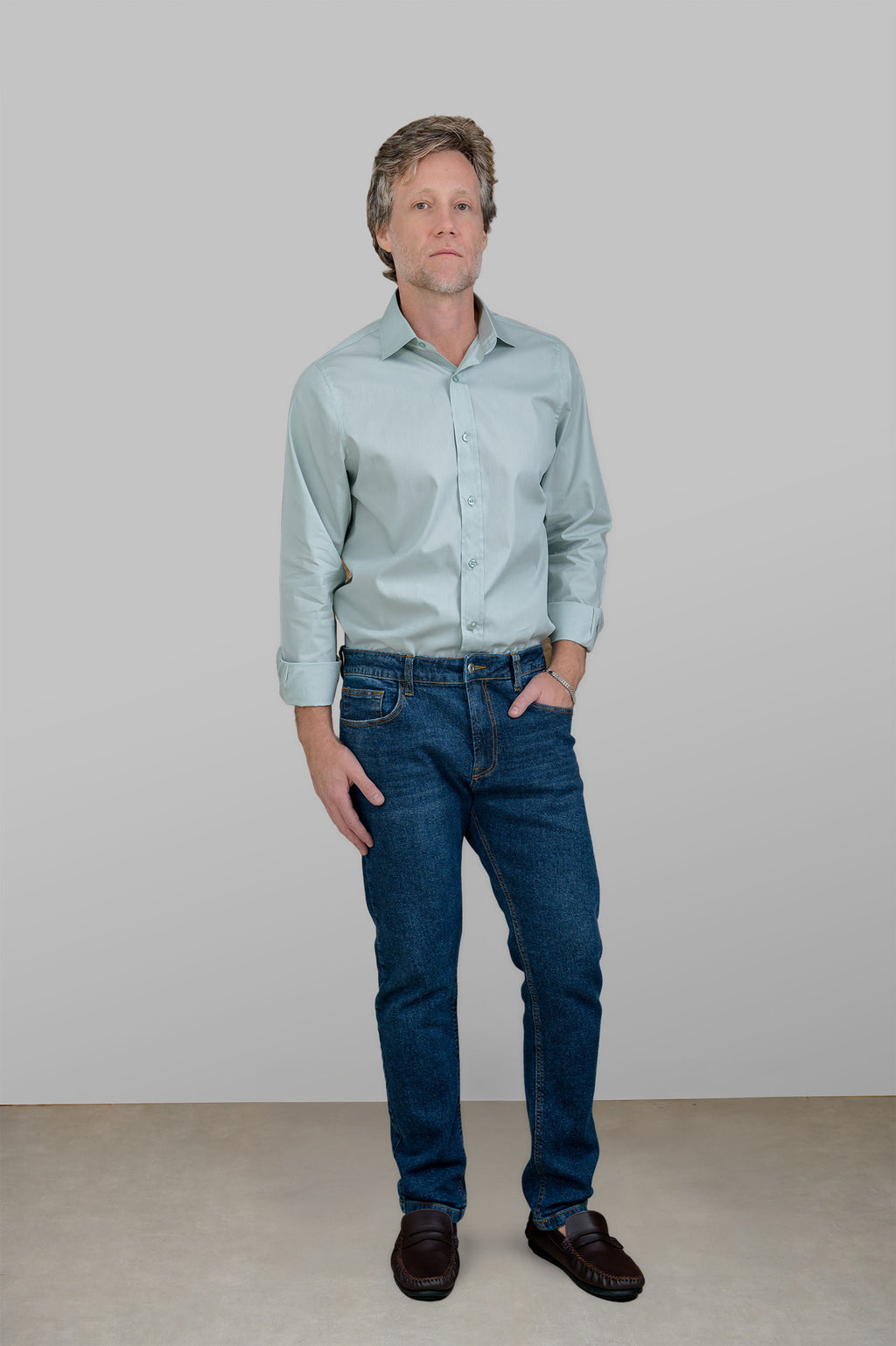 Camisa Masculina Algodão Manga Verde Claro