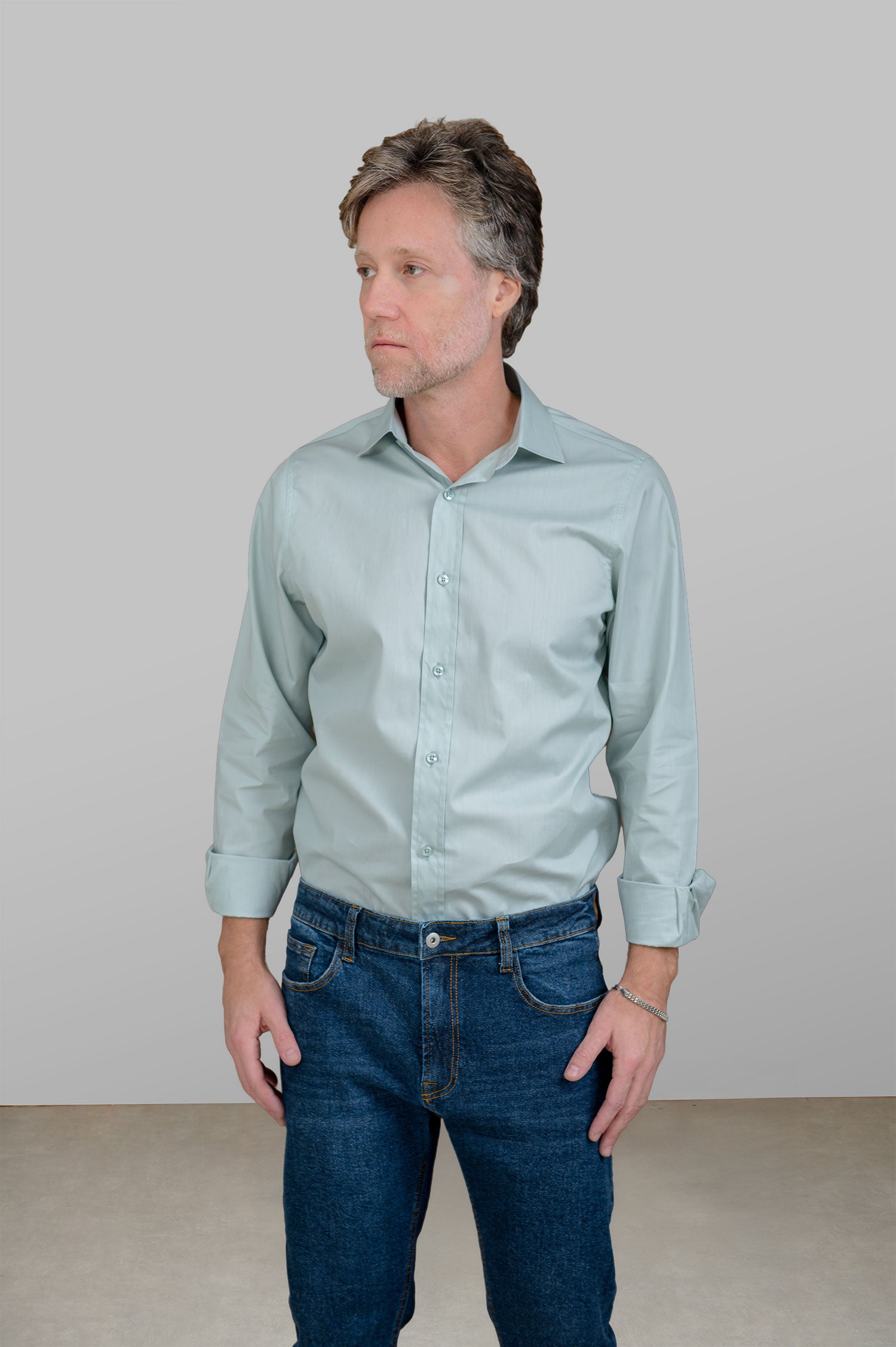 Camisa Masculina Algodão Manga Verde Claro