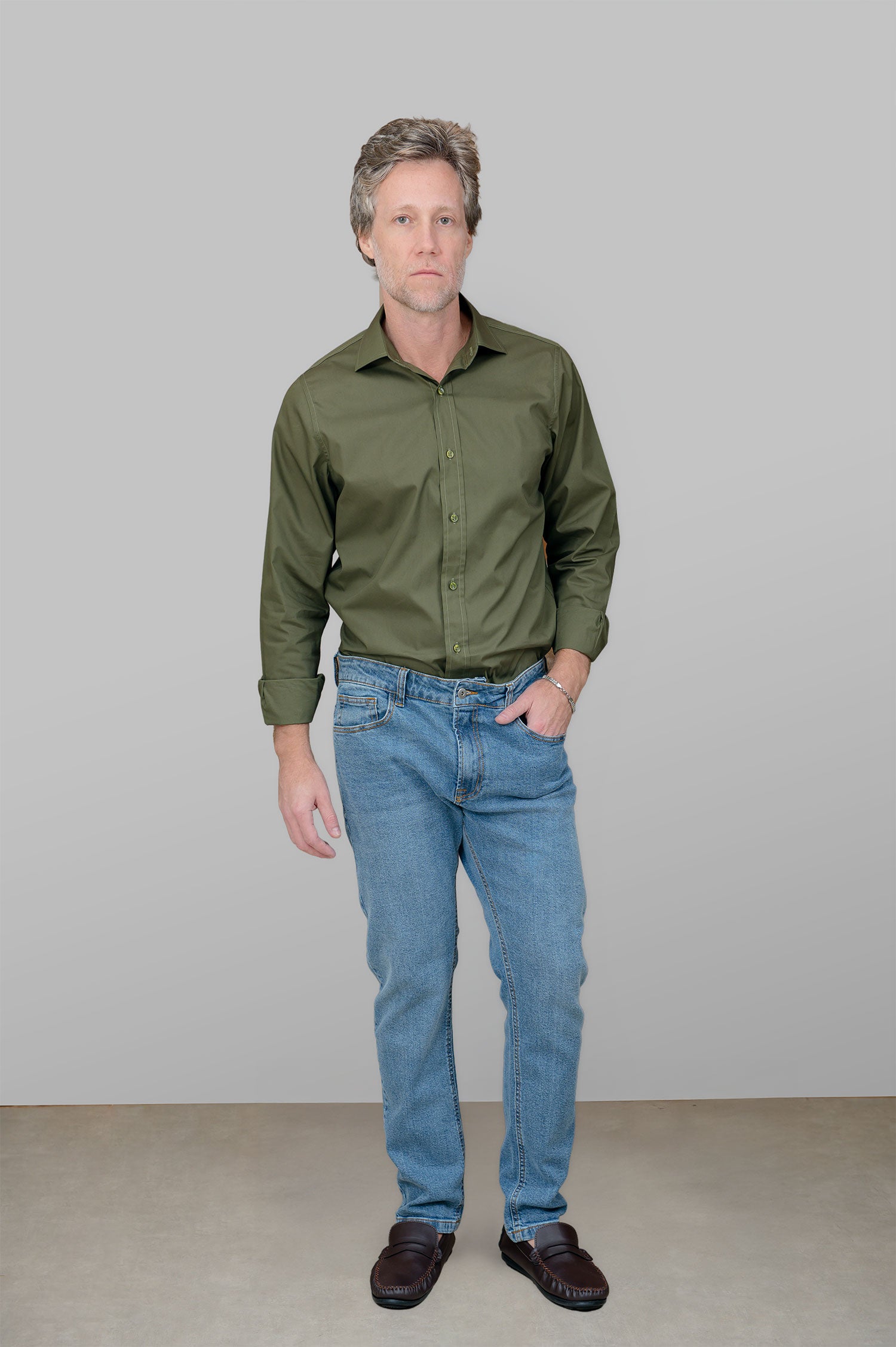Camisa Masculina Algodão Manga Verde Escuro