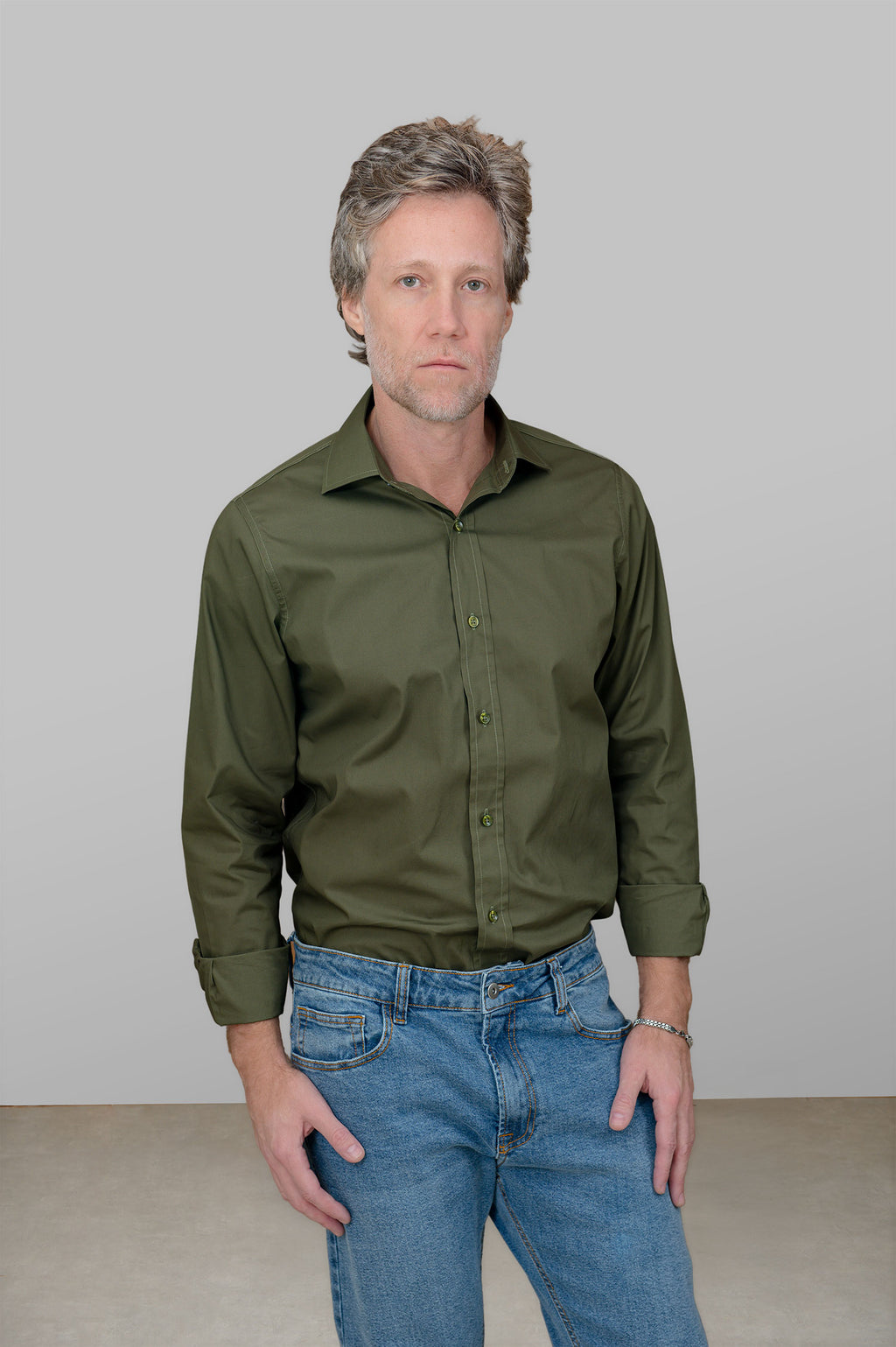 Camisa Masculina Algodão Manga Verde Escuro